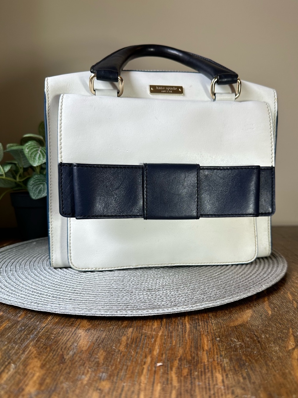 kate spade White and Navy Leather Top-Handle Satchel with Front Bow Detail